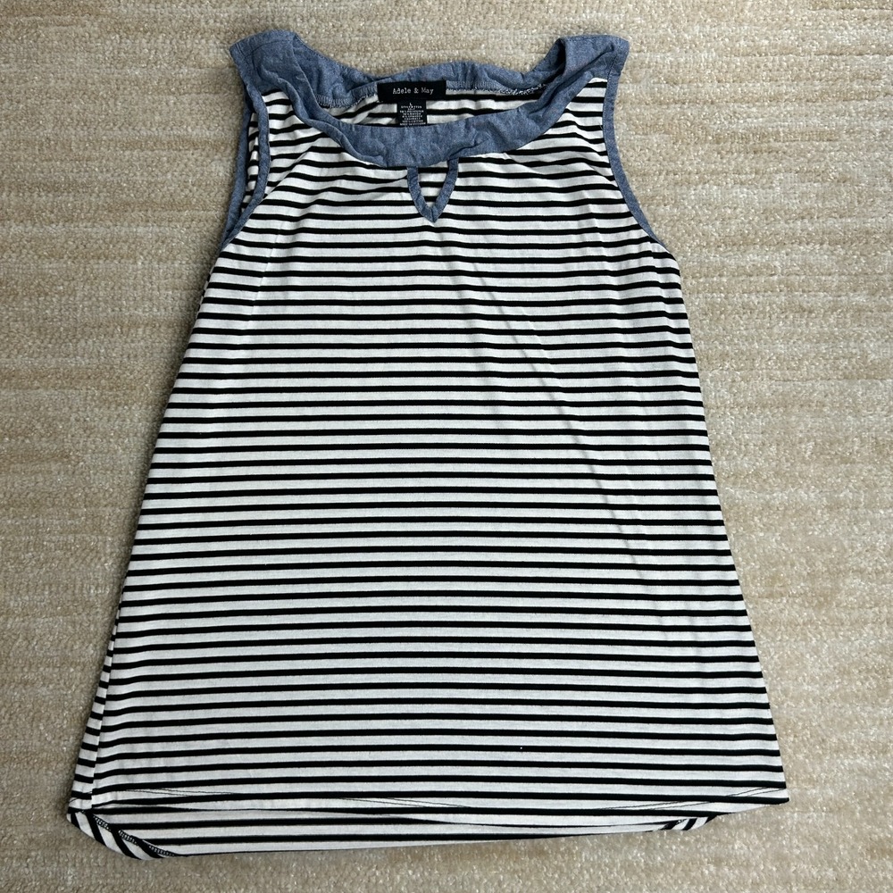 Adele & May Womens Striped Sleeveless Top Keyhole Neck Blue Trim Size L 7729